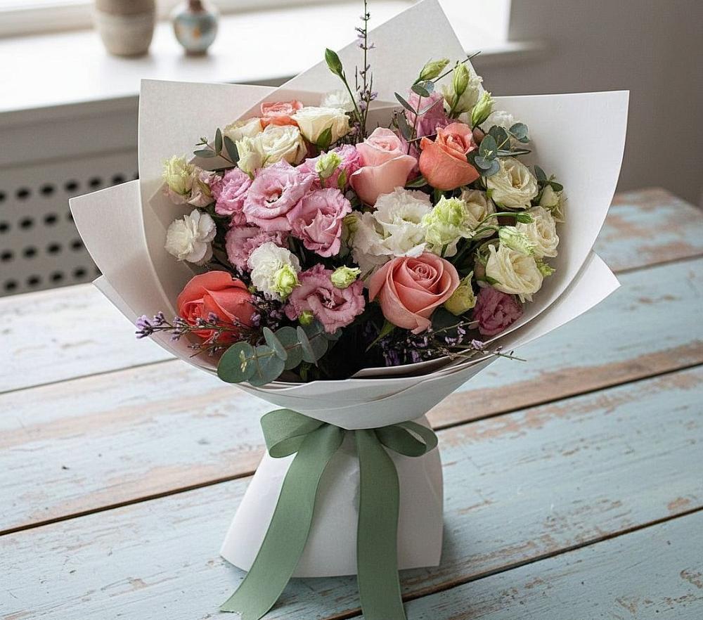 Букет цветов из: Розы, Лизиантусы и Гвоздики в Лысые Горы