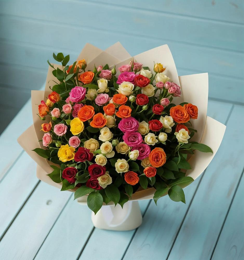 Букет Микс из разноцветных кустовых роз в Лысые Горы