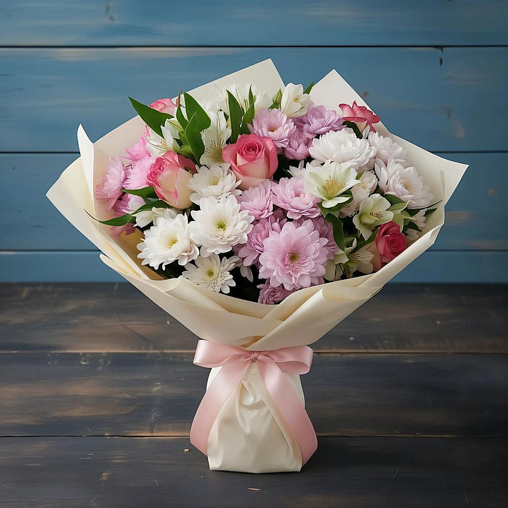 Букет цветов из: Хризантемы, Альстромерии и Розы в Лысые Горы